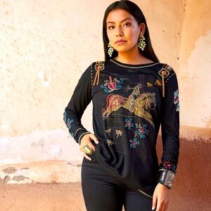 Rare Double D Ranch My Firing Yellow Horse Top Indian pony dragonfly embroidery